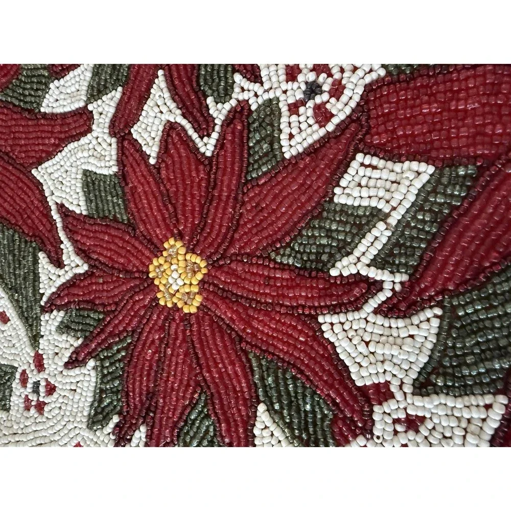 ✿ Vintage Beaded Christmas Table Runner Red Poinsettia Flowers Holiday Decor